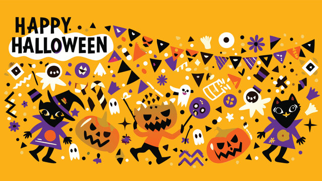 Illustration of happy halloween with cats, pumpkins, ghosts and decorative elements on an orange background - Powered by Adobe