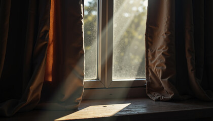 Closed curtains allowing sliver of light to enter the room  