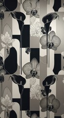 Black and white calla lilies and orchids in a geometric seamless floral pattern background watercolor floral background