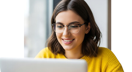 Young woman wearing glasses and yellow sweater looking at laptop smiling image
