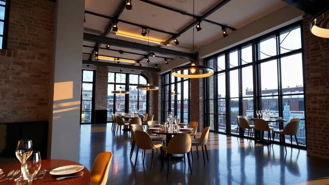 Elegant restaurant interior with tables set for dining, featuring large windows and a modern design. The restaurant offers a beautiful view of the outside, providing a serene dining atmosphere