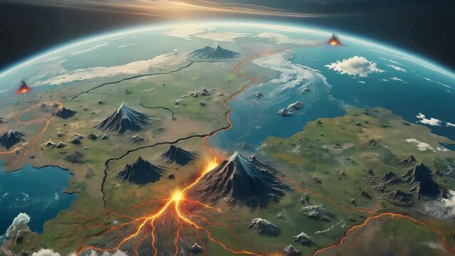 Earth's Tectonic Plates and Volcanoes from Space &ndash; 3D Illustration of Planetary Geology