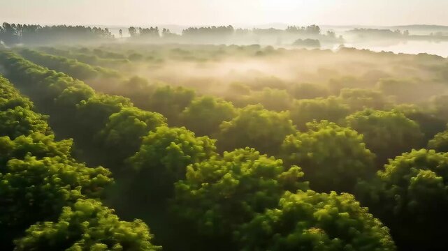 Aerial View of Lush Green Trees in Morning Fog.