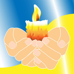 Burning candle in palms against the background of the Ukrainian flag. Vector illustration