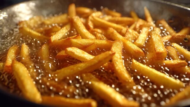 フライドポテトが泡立つ油で揚げられる様子