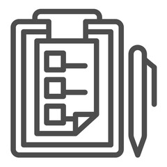 Test checklist paper and pen line icon, driver license concept. Vector graphics. Clipboard with driver test and pen sign on white background, outline style icon for mobile or web design.