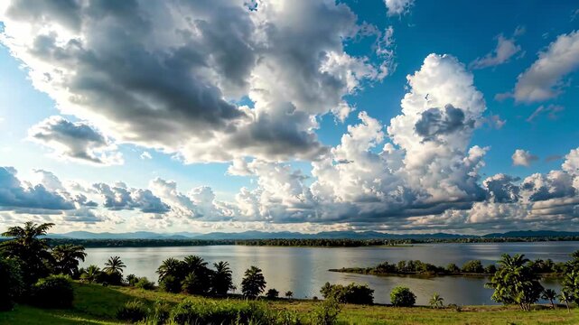 Lake view Natural scenery Blue sky and white clouds Lake view and mountains Clouds rolling and relaxing