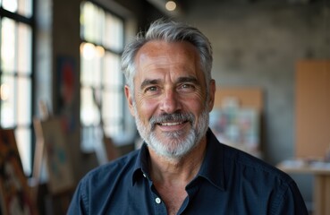 Fototapeta premium A smiling mature man with gray hair and beard in a bright, modern indoor setting