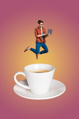 Creative image vertical photo collage of happy girl guy stand coffee cup drink herbal tea beverage...