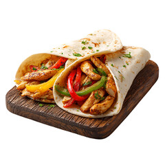 Two delicious chicken fajitas with colorful bell peppers and parsley, isolated on transparent background