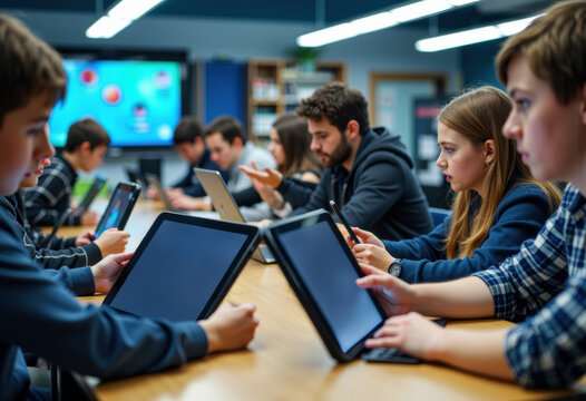 Students in a classroom using tablets for learning and collaboration