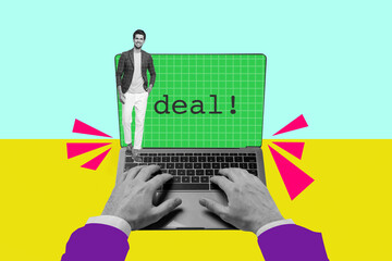 Creative full art collage of hands type laptop development deal happy businessman businesswoman...