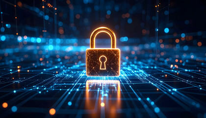 Glowing Padlock on Digital Circuit Board Background