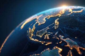 Southeast Asia globe, network of lines, city lights