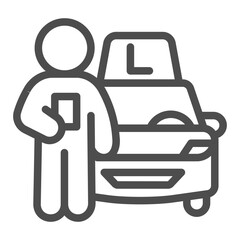 Obraz premium Instructor and company car line icon, learners permit concept. Vector graphics. Man with driving school vehicle, driving sign on white background, outline style icon of mobile or web design.