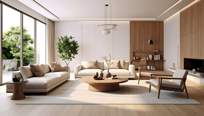 Modern Minimalist Living Room with Beige Sofa and Wooden Accents