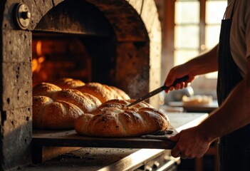Baker removing freshly baked bread from a traditional oven in a cozy bakery setting