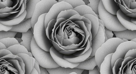 Close up of a grayscale rose pattern with detailed petals and soft lighting floral background