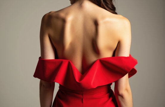 Woman with bare back wearing a red off-shoulder dress showcasing elegant fashion and style