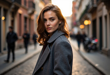 Stylish young woman with wavy brown hair wearing a gray coat on a city street at sunset
