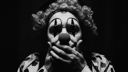 Sad mime in black and white, depicts a sorrowful clown in silence. Suitable for theater posters, emotional articles, and storytelling visuals.
