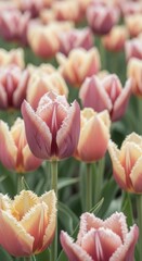 Close up of fringed edge pink and yellow tulips in a field flower flowers