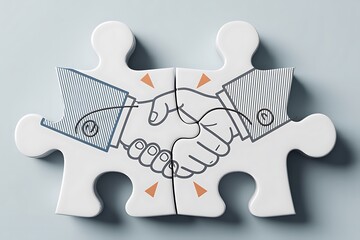 Abstract puzzle pieces depict a handshake; modern, minimalist business partnership concept.