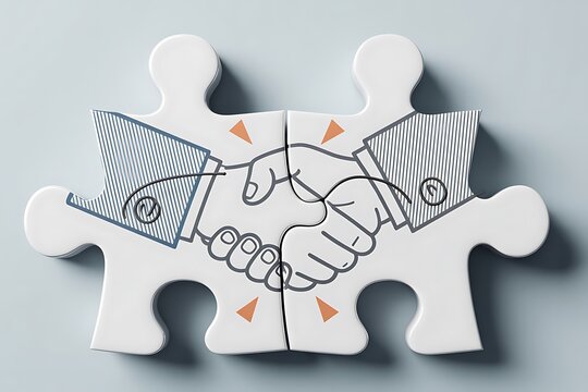 Abstract puzzle pieces depict a handshake; modern, minimalist business partnership concept.