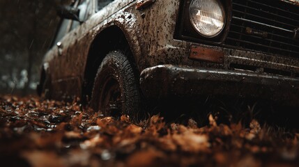 Muddy Off Road Vehicle In Dark Forest At Night