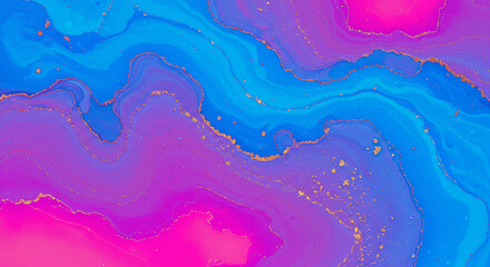 Abstract flowing waves of vibrant blue and pink with shimmering gold accents