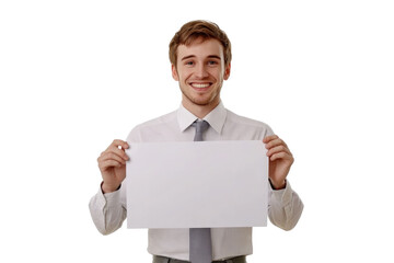 Happy smiling young man presenting and showing your text or product isolated on white background PNG

