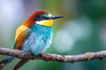 Fototapeta premium A vibrant European Beeeater perched on a branch displaying its colorful plumage against a blurred background