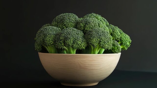 A fresh bouquet of dark green broccoli florets nestled in a natural wooden bowl, highlighting the vibrant color and unique texture of the vegetables, suggesting healthy eating options and food
