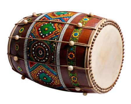 Decorated indian dhol drum isolated on a transparent background