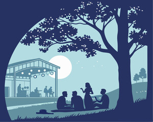 Fototapeta na wymiar People enjoying picnic outdoors with entertainment underneath a serene night sky