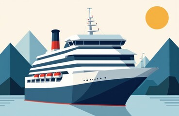 Luxury cruise ship sailing in calm waters with mountain scenery and a bright sun in the sky