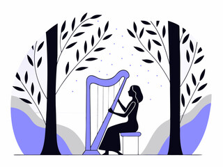 Serene silhouette of a woman playing harp beneath the forest canopy artwork