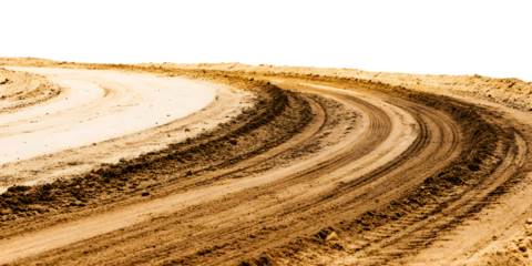 Curved dirt track with tire marks isolated on a transparent background