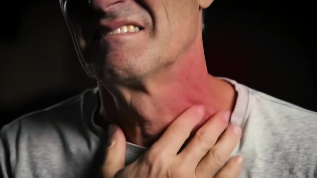 A mature man suffering from a painful sore throat and neck inflammation with red glow
