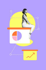 Composite sketch image design trend artwork collage of young lady sit banner diagram trade stats...