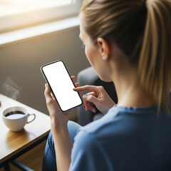 Woman using a smartphone indoors, relaxed posture, coffee in the background.
