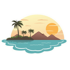 Minimalist Vector SVG Illustration of Tropical Island Scene with Sunset in Flat Design Style with Warm Colors
