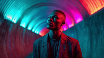 Stylish young Black man in colorful tunnel with neon pink and blue lights turns and looks confidently at the camera, futuristic urban atmosphere - Powered by Adobe