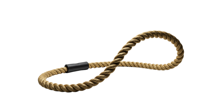 Brown twisted rope loop in figure-eight shape isolated on transparent background – fitness gym battle rope or nautical cable with black grip – strong braided cord for industrial or exercise use
