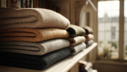 Stacked sweaters on a shelf, warm tones
