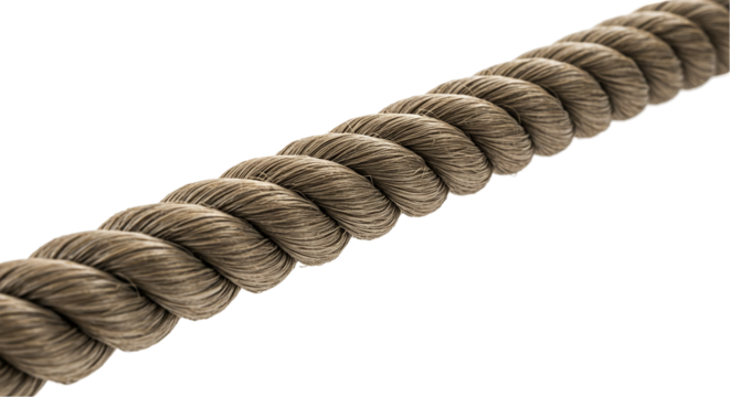 Thick twisted brown rope strand isolated on transparent background – durable industrial hemp rope cord detail for climbing, shipping, nautical or construction use – clean high resolution cutout