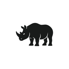 Obraz premium Black side view rhinoceros silhouette logo on white background, isolated on transparent background, generative ai