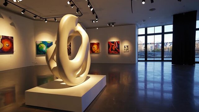 A modern art gallery displaying sculptures and paintings