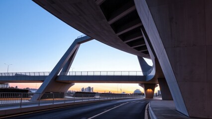 Modern concrete bridge architecture at sunset urban