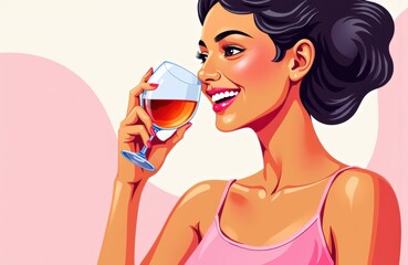 A smiling woman with dark hair in a pink top enjoying a glass of wine